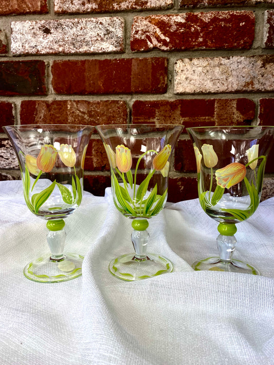 Circa 2000 “Cottage Tulip” Hand Painted Crystal Water Goblets, Princess House Made in Romania