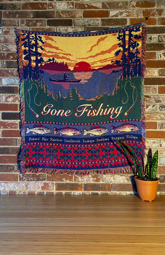 Gone Fishing Woven Tapestry Throw Blanket,100% Cotton