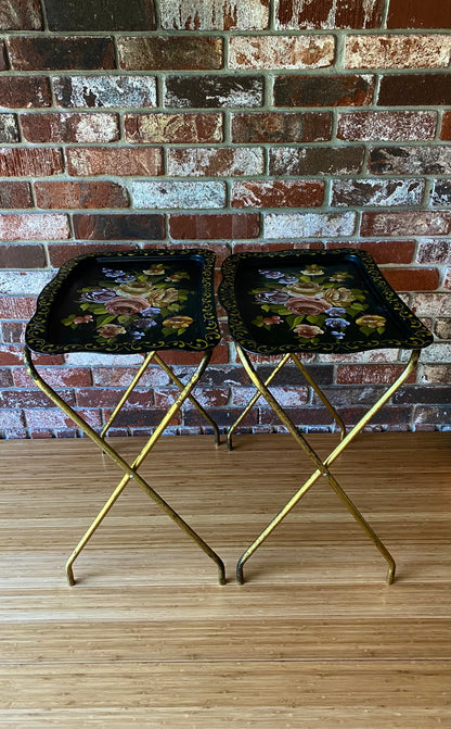 Mid-Century Black Metal Serving Trays on Folding Stand, 1960s,