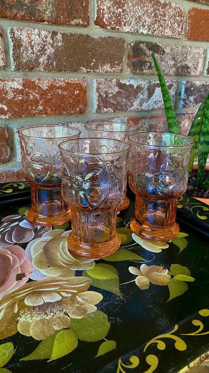 Set Of 4 60’s Vintage Pink Country Garden Embossed Daisy Drinking Glasses By Libbey