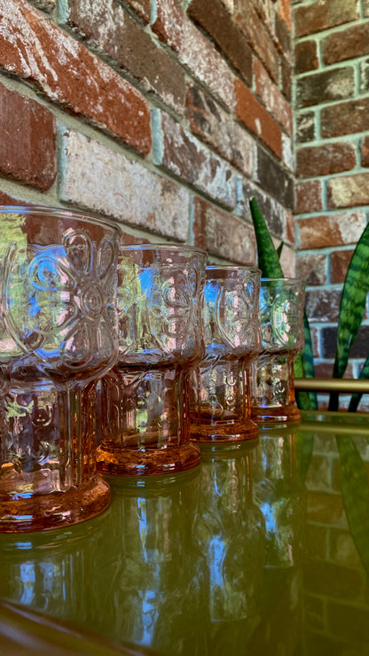 Set Of 4 60’s Vintage Pink Country Garden Embossed Daisy Drinking Glasses By Libbey