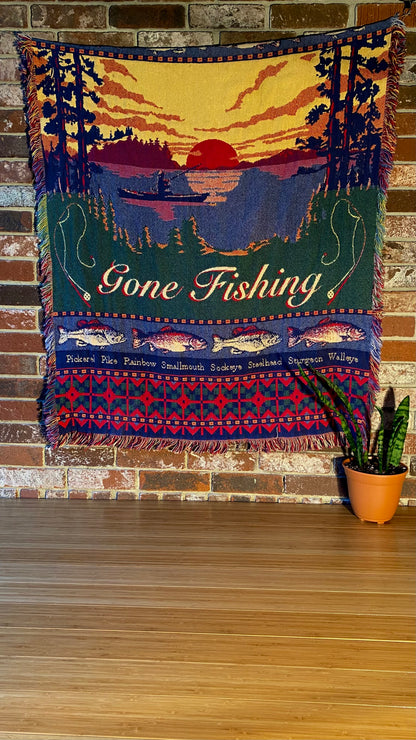 Gone Fishing Woven Tapestry Throw Blanket,100% Cotton